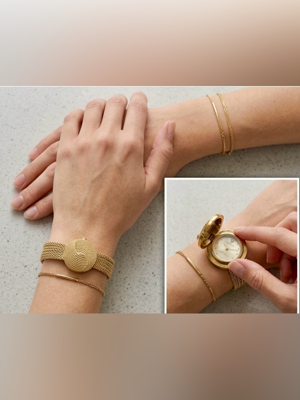 Vintage Anne Klein AK Gold Tone Hidden Dial Secret Bracelet Watch Diamond Acc